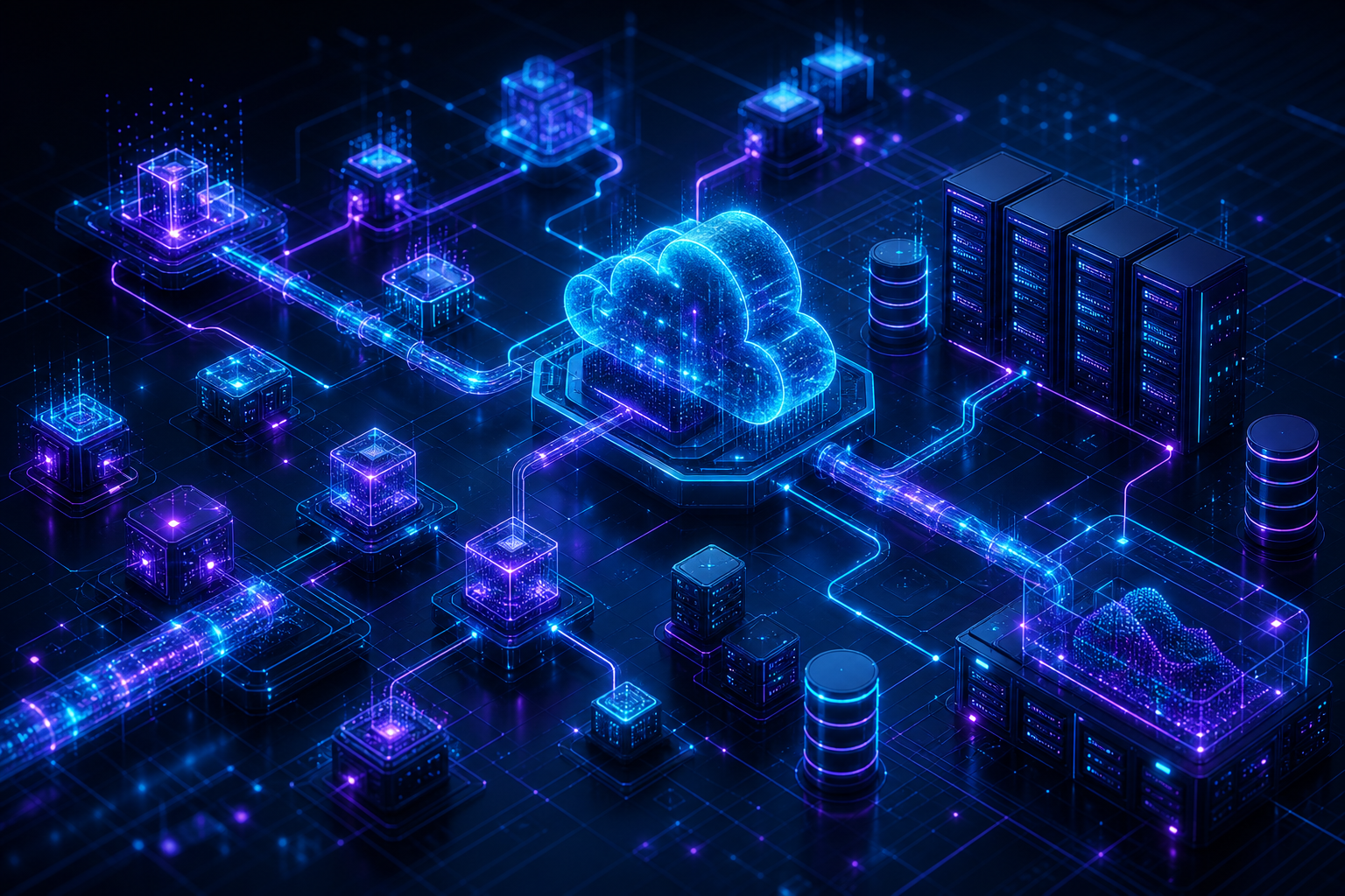 Cloud backend infrastructure with interconnected microservices and data pipelines