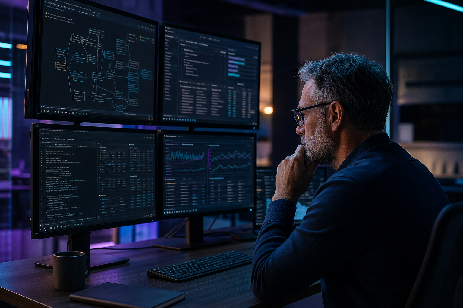 Backend engineer reviewing API architecture and server monitoring dashboards